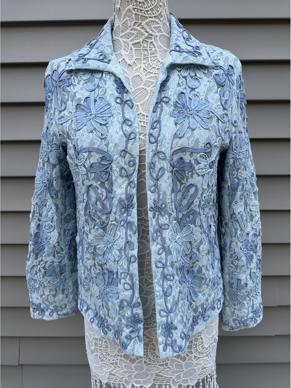 Coldwater Creek Embroidered Lace Jacket Light Blue Vintage Floral